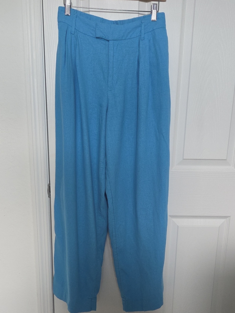 Blue Linen Blend Wide Leg Pleated Pants Coastal Summer Trouser Size 12